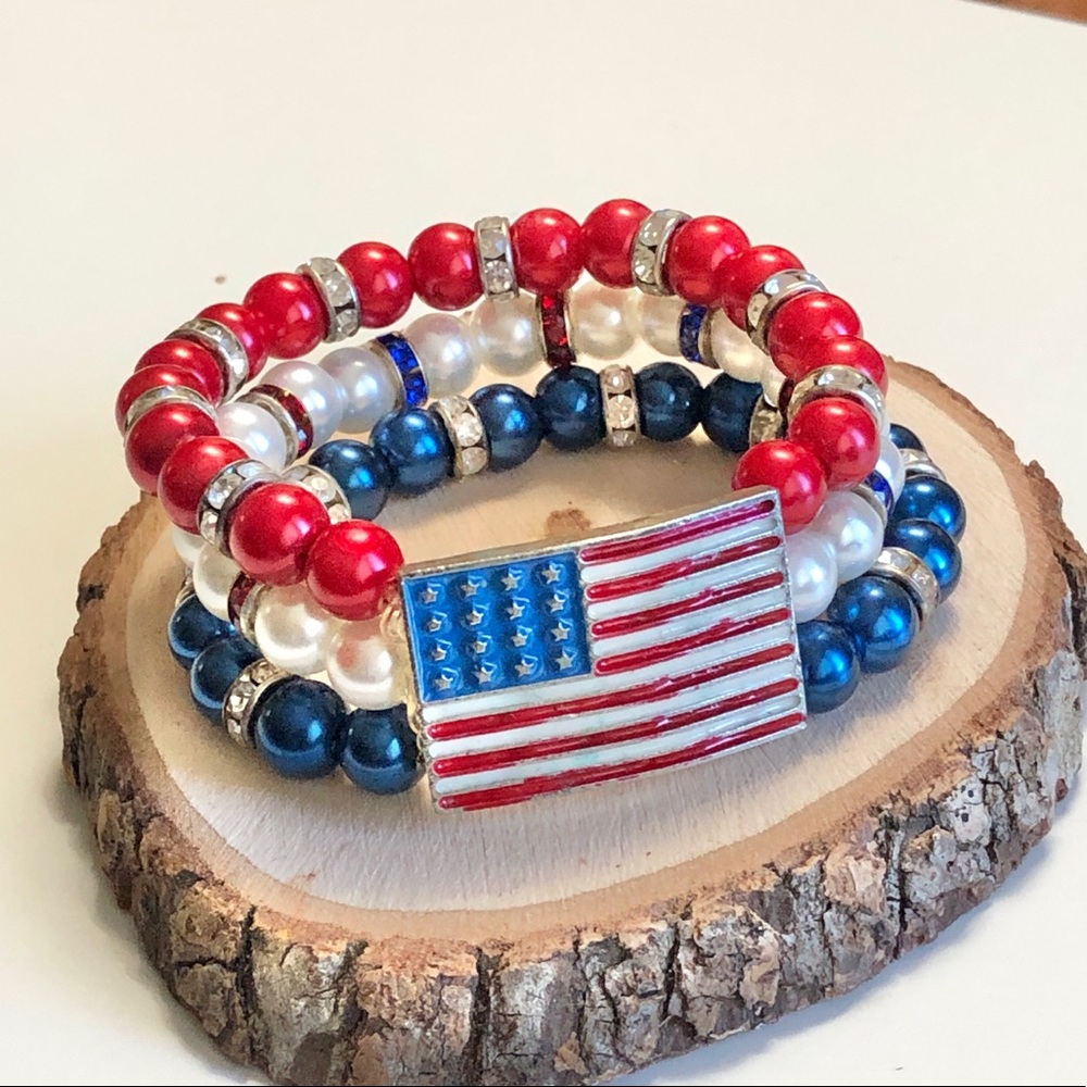 Patriotic flag stacked bracelet glass beads stretch bracelet